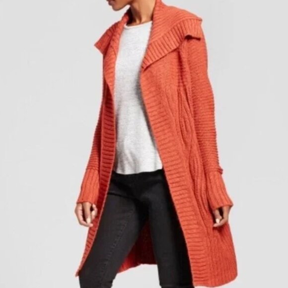 A New Day Burnt Orange Rust Colored Chunky Knit Long Cardigan Sweater - Picture 2 of 10
